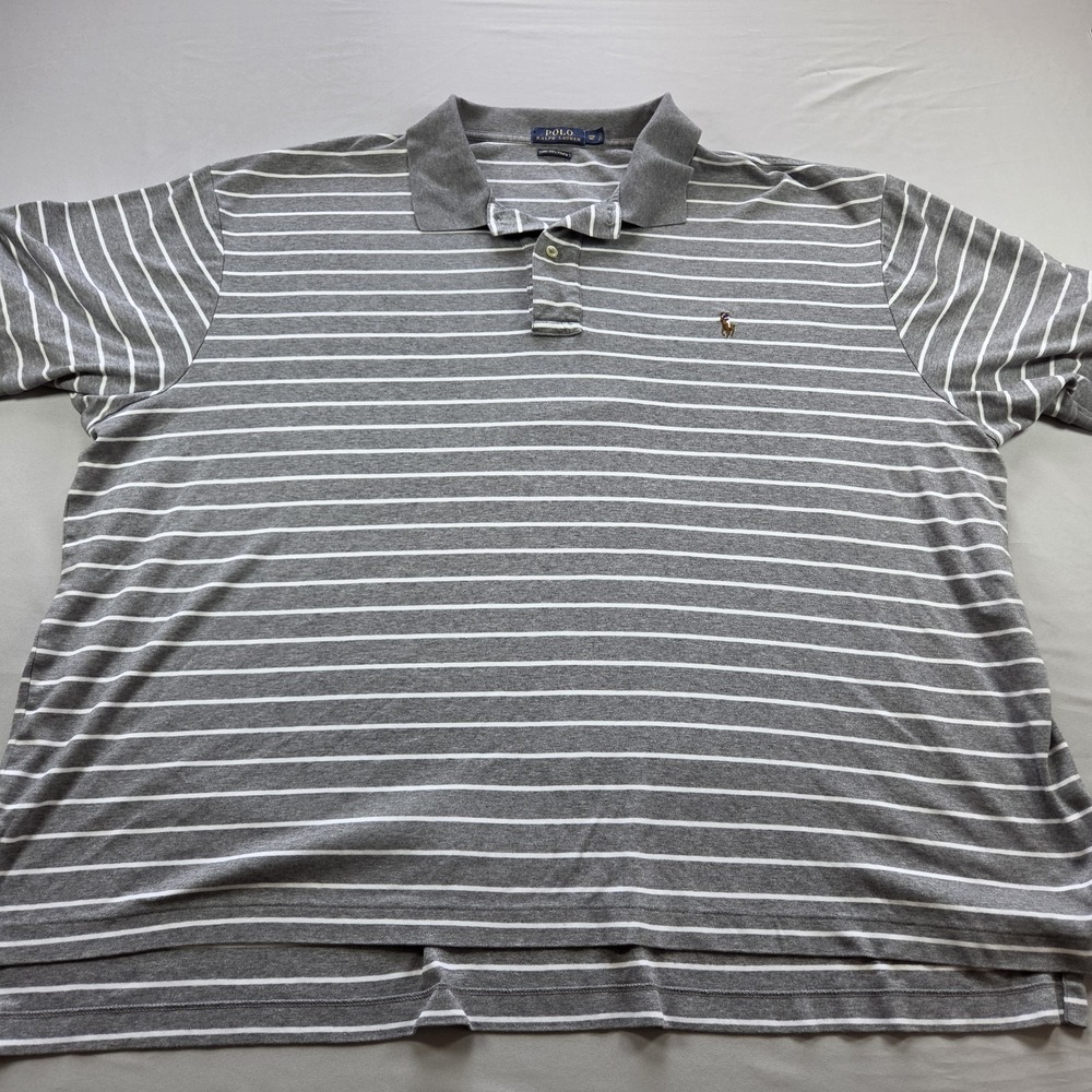 Polo Ralph Lauren Polo Shirt Mens 3XB Gray White Striped Pima Soft Touch Pony